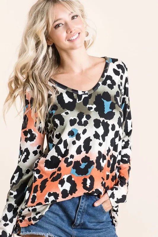 BiBi Gradation Leopard Print Soft Knit Deep U Neck Top - Love Salve